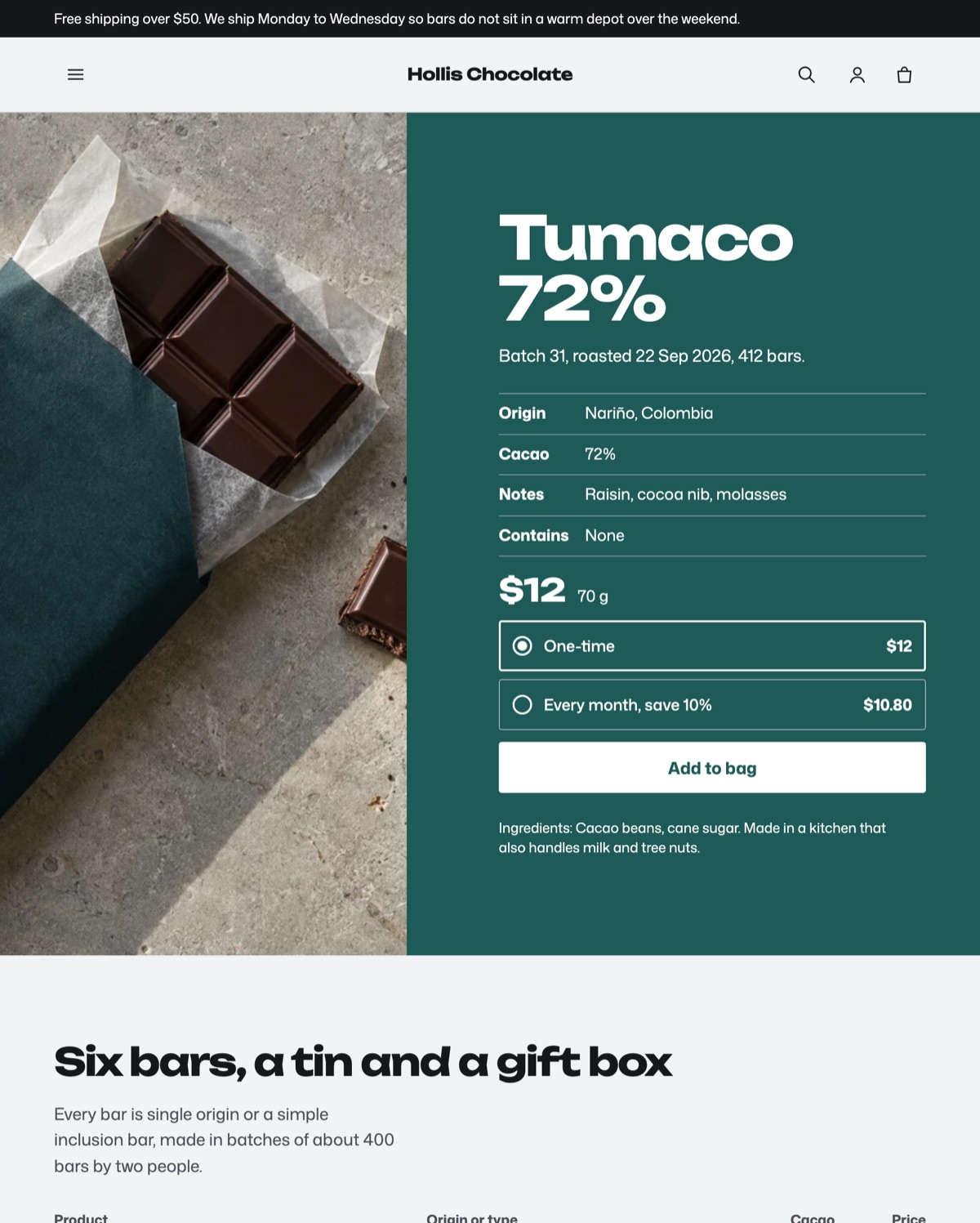 The Hollis Chocolate demo store home page in the Platter preset: a chocolate bar photo beside the product facts, price and plan picker.