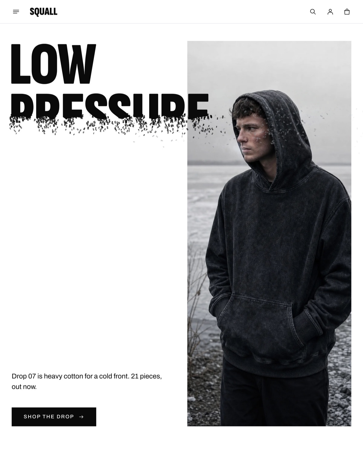 The SQUALL demo store home page in the Reel preset: the eroded LOW PRESSURE title beside a photo of a model in a black hoodie.
